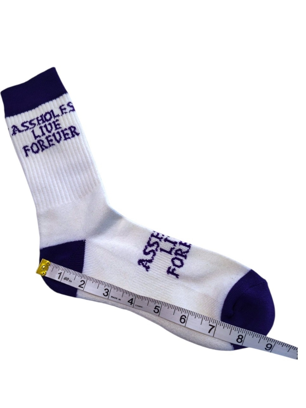 A-holes Live Forever Crew Socks White- Purple- Blue Graphic Socks - Picture 3 of 5